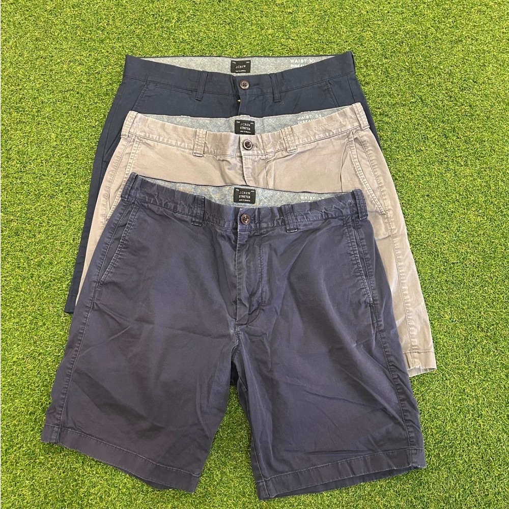 J.Crew Mens Stretch Chino Shorts Bundle 33 Navy Blue Khaki Tan 9 Inseam 3 Pack